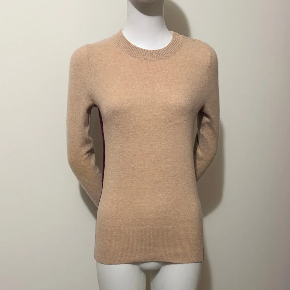 J. Crew Tan and Burgundy Elbow Patch Cashmere Wool Sweater Size S